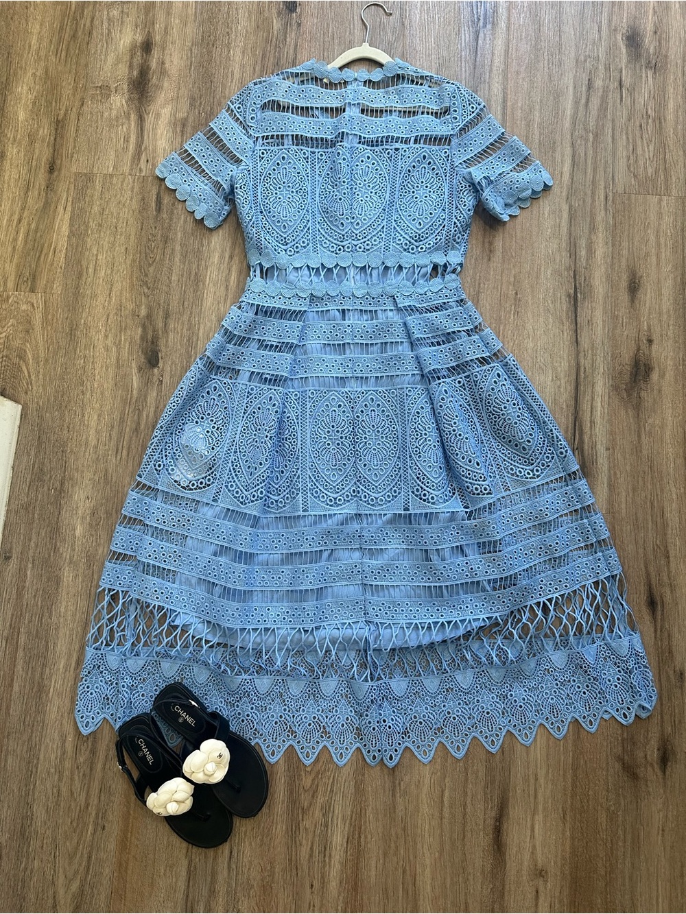 Maje Sky Blue Lace Midi Dress with Scalloped Trim